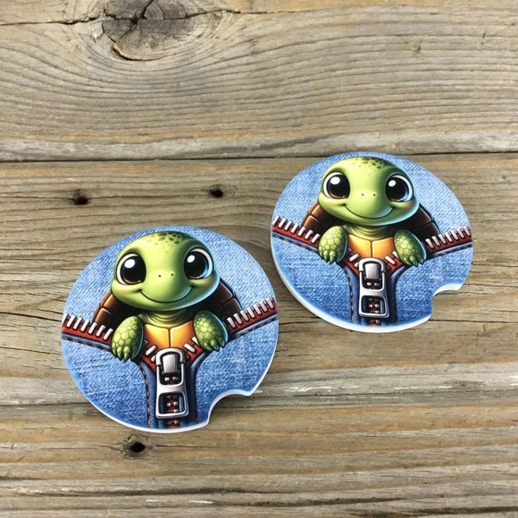 Turtle Peek-a-Boo Zipper Car Coasters Set of 2 - Picture 2 of 6
